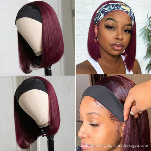 Huashuo Straight Short Peruvian 613 Blonde Bob Wig Lace Front Glueless Colored 99j Headband Bob Wigs